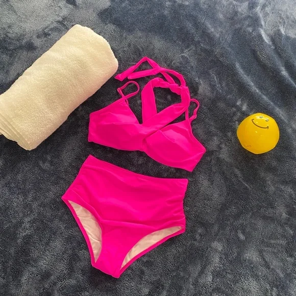 ⬇️PRICE DROP ⬇️ Hot Pink Cross Over Bra Top High Waisted Bikini Bottom-Size S - Picture 2 of 11